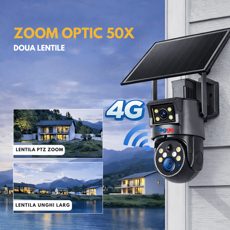 Camera Supraveghere 4G Rezolutie 4K Ultra HD 50X Zoom Optic, 10W, Dual Camera, Incarcare Solara, Rotire Din Aplicatie, Rezistenta La Apa IP 66 - Taggo.ro