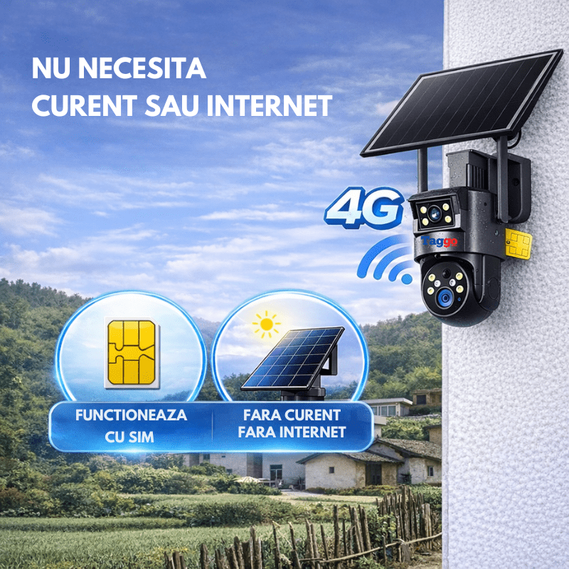 Camera Supraveghere 4G Rezolutie 4K Ultra HD 50X Zoom Optic, 10W, Dual Camera, Incarcare Solara, Rotire Din Aplicatie, Rezistenta La Apa IP 66 - Taggo.ro