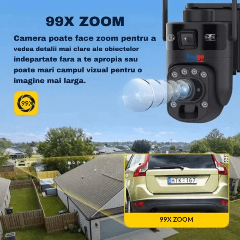 Camera Supraveghere 4G, Solara, 2 Lentile, 8MP 4K, Zoom 99X, Negru, Control din Aplicatie, Viziune Nocturna Color - Taggo.ro
