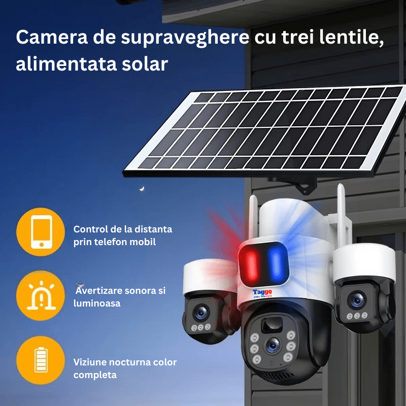 Camera Supraveghere 4G, Solara, 3 Lentile, 12MP, Alb, Control din Aplicatie, Viziune Nocturna Color - Taggo.ro