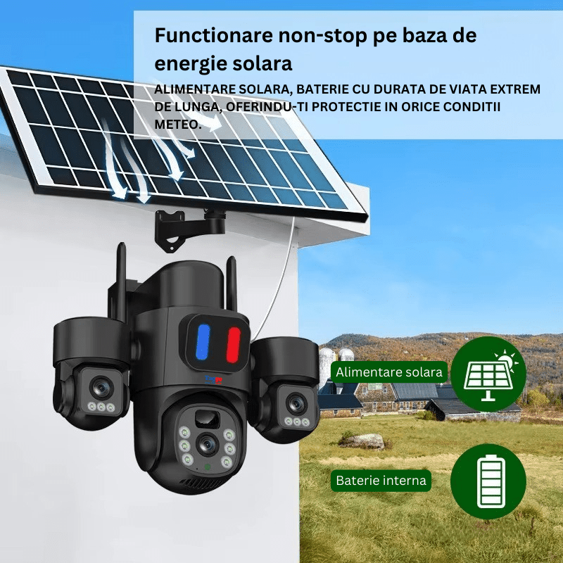 Camera Supraveghere 4G, Solara 3 Lentile, 12MP, Negru, Control din Aplicatie, Viziune Nocturna Color - Taggo.ro
