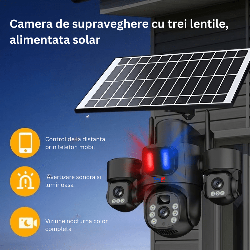 Camera Supraveghere 4G, Solara 3 Lentile, 12MP, Negru, Control din Aplicatie, Viziune Nocturna Color - Taggo.ro