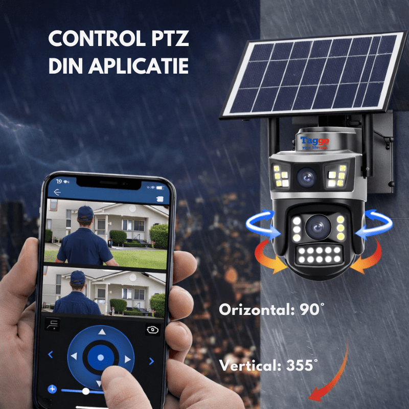 Camera Supraveghere cu Panou Solar AOV pentru exterior 2 lentile, conexiune 4G, Rezolutie 4K 8MP, Full Color Noaptea, Alb - Taggo.ro