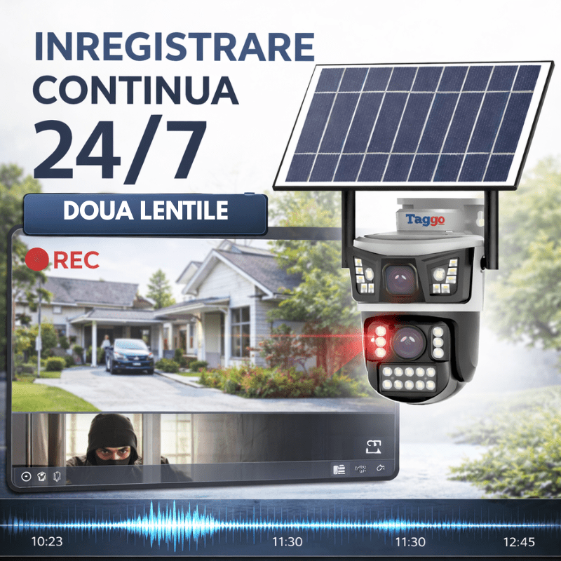 Camera Supraveghere cu Panou Solar AOV pentru exterior 2 lentile, conexiune 4G, Rezolutie 4K 8MP, Full Color Noaptea, Alb - Taggo.ro