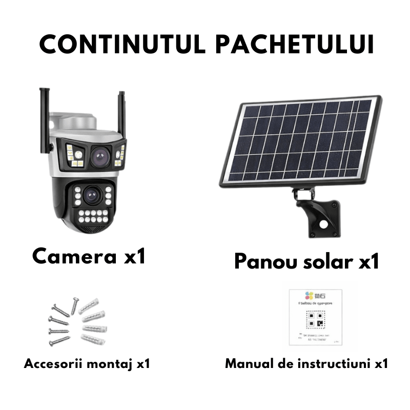 Camera Supraveghere cu Panou Solar AOV pentru exterior 2 lentile, conexiune 4G, Rezolutie 4K 8MP, Full Color Noaptea, Alb - Taggo.ro