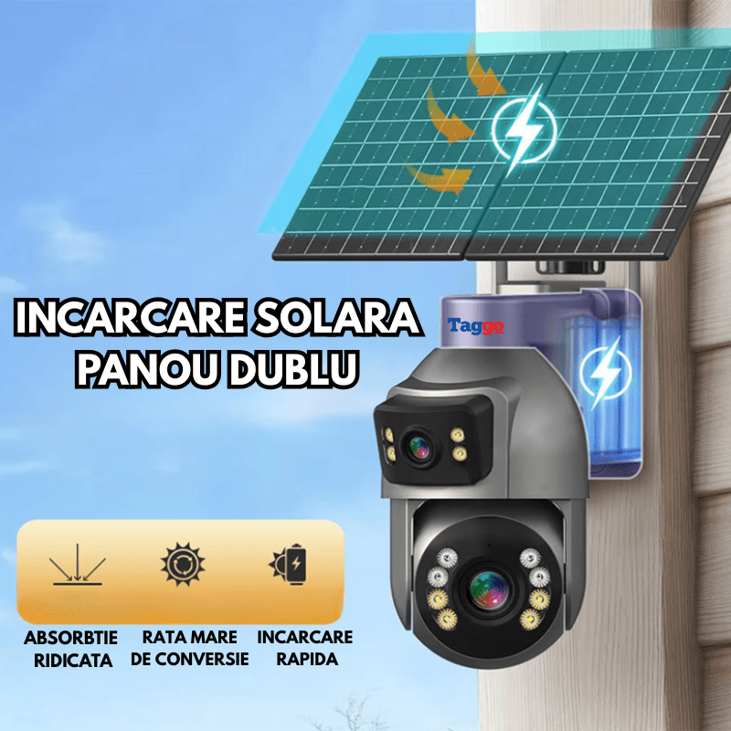 Camera Supraveghere cu Panou Solar Dublu TAGGO pentru exterior, conexiune 4G 4K, Inregistrare Continua AOV, Zoom Optic 36x - Taggo.ro