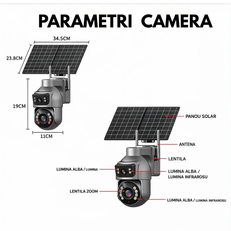 Camera Supraveghere cu Panou Solar Dublu TAGGO pentru exterior, conexiune 4G 4K, Inregistrare Continua AOV, Zoom Optic 36x - Taggo.ro