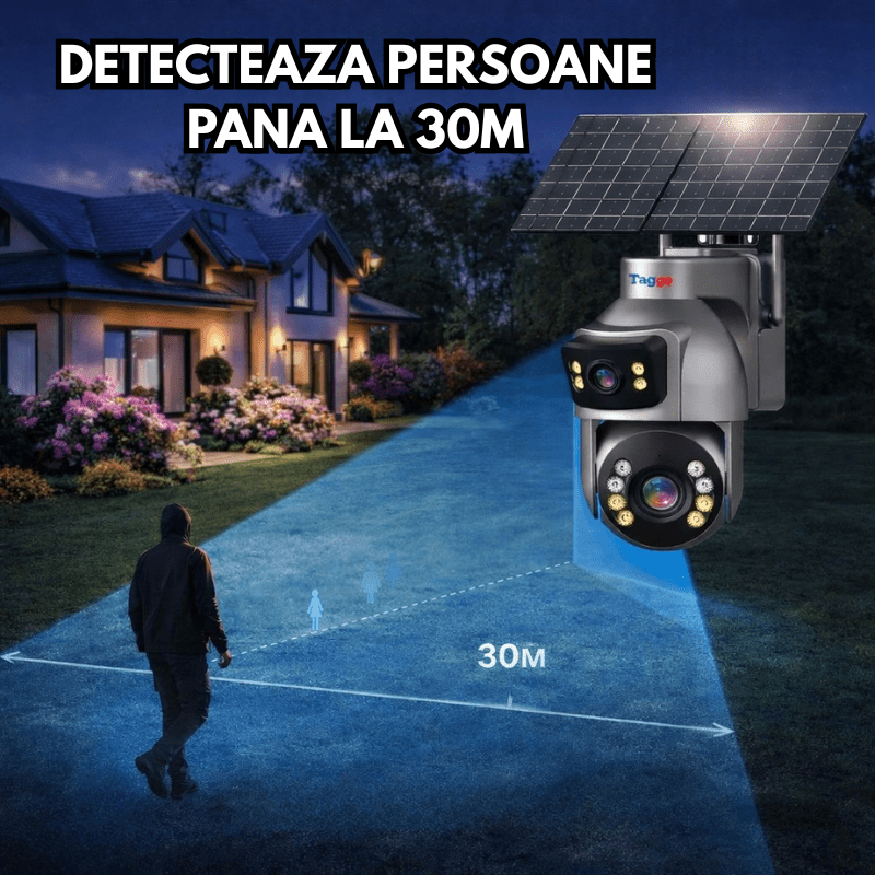 Camera Supraveghere cu Panou Solar Dublu TAGGO pentru exterior, conexiune 4G 4K, Inregistrare Continua AOV, Zoom Optic 36x - Taggo.ro