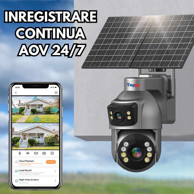 Camera Supraveghere cu Panou Solar Dublu TAGGO pentru exterior, conexiune 4G 4K, Inregistrare Continua AOV, Zoom Optic 36x - Taggo.ro