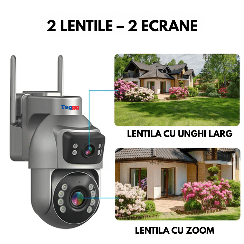 Camera Supraveghere cu Panou Solar Dublu TAGGO pentru exterior, conexiune 4G 4K, Inregistrare Continua AOV, Zoom Optic 36x - Taggo.ro