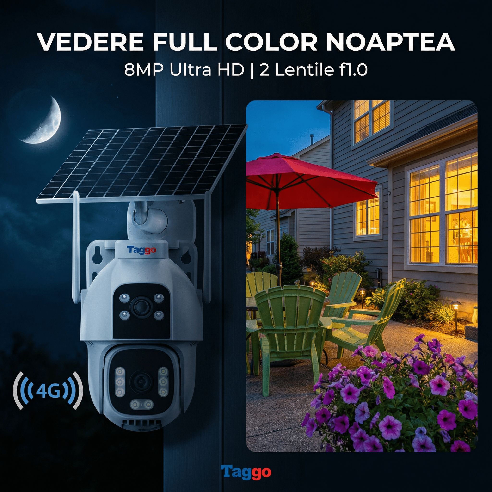 Camera Supraveghere cu Panou Solar pentru exterior, Conexiune 4G, Rezolutie 8MP, AOV, Full Color Noaptea, 2 lentile - Taggo.ro