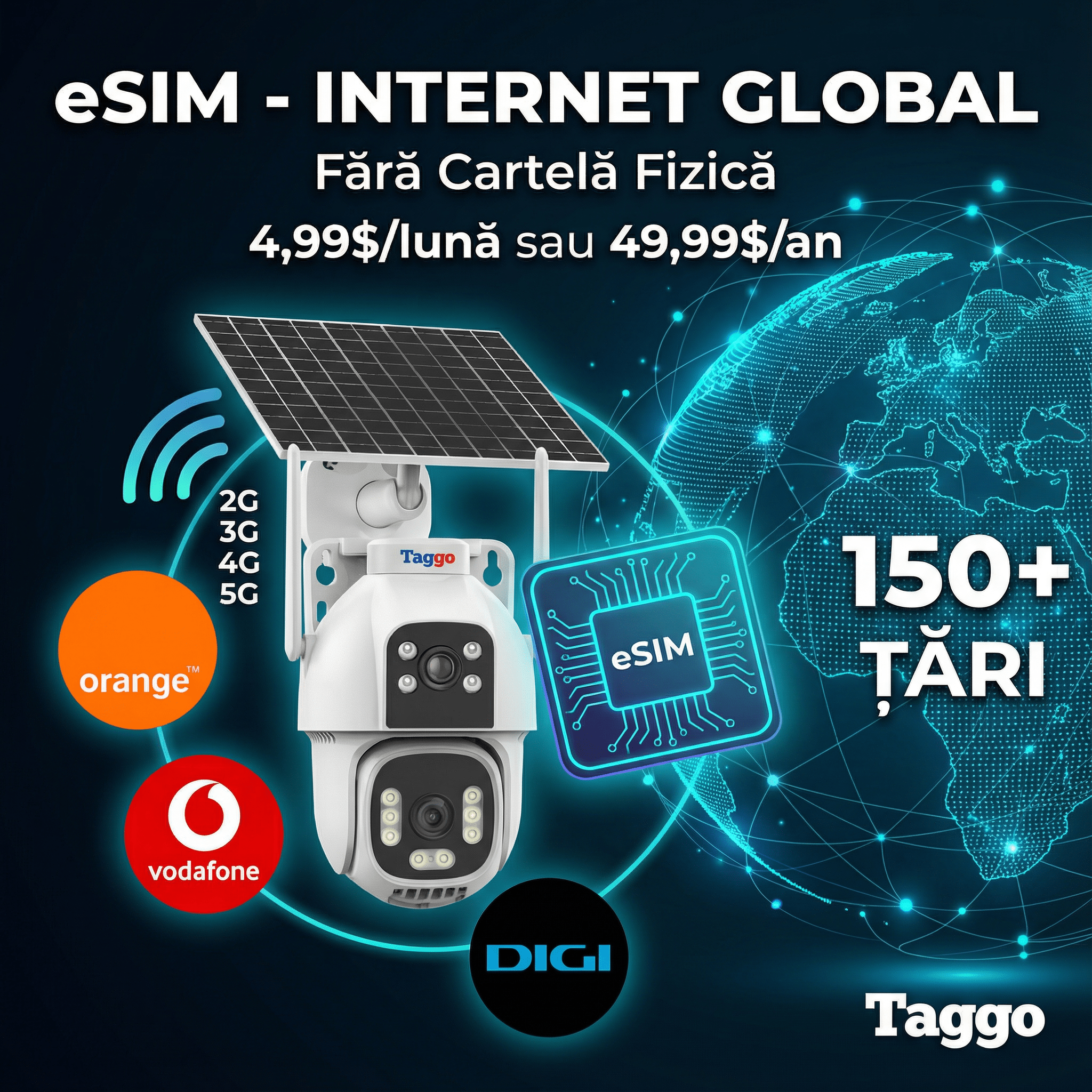 Camera Supraveghere cu Panou Solar pentru exterior, Conexiune 4G, Rezolutie 8MP, AOV, Full Color Noaptea, 2 lentile - Taggo.ro