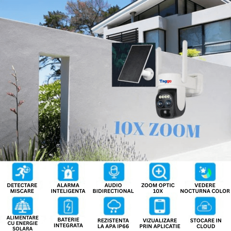 Camera Supraveghere Exterior 4G 4K Ultra HD, Dual Camera 4MP+4MP, 10X Optical ZOOM, Incarcare Solara, Rotire Din Aplicatie, Rezistenta La Apa IP 66 - Taggo.ro