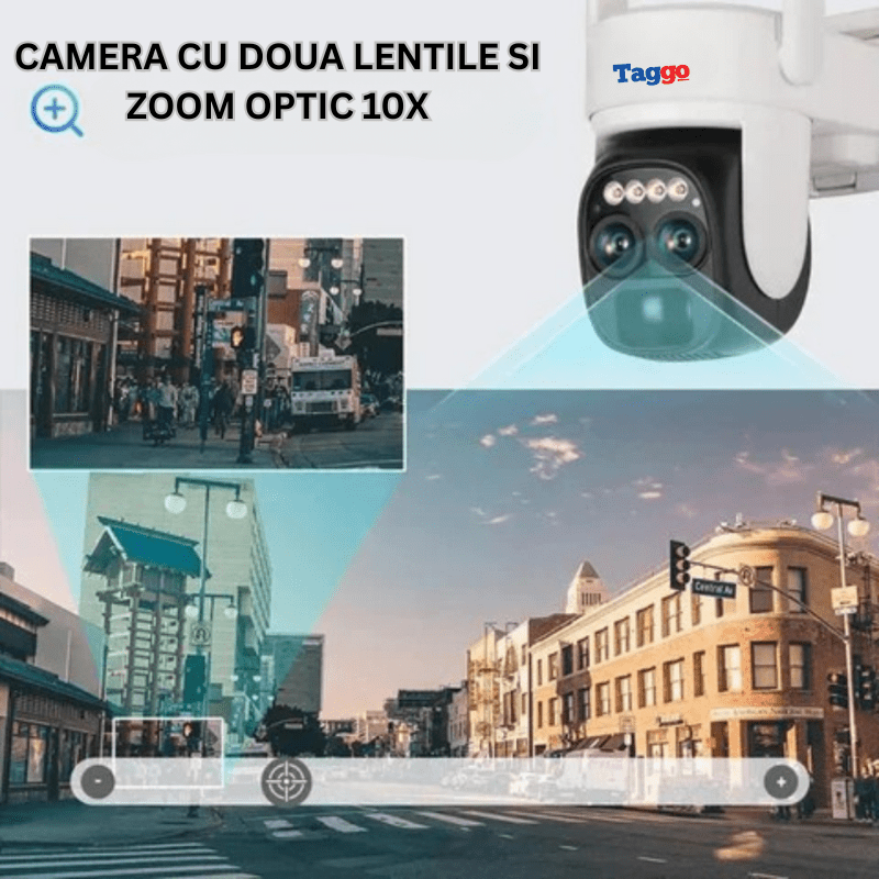 Camera Supraveghere Exterior 4G 4K Ultra HD, Dual Camera 4MP+4MP, 10X Optical ZOOM, Incarcare Solara, Rotire Din Aplicatie, Rezistenta La Apa IP 66 - Taggo.ro