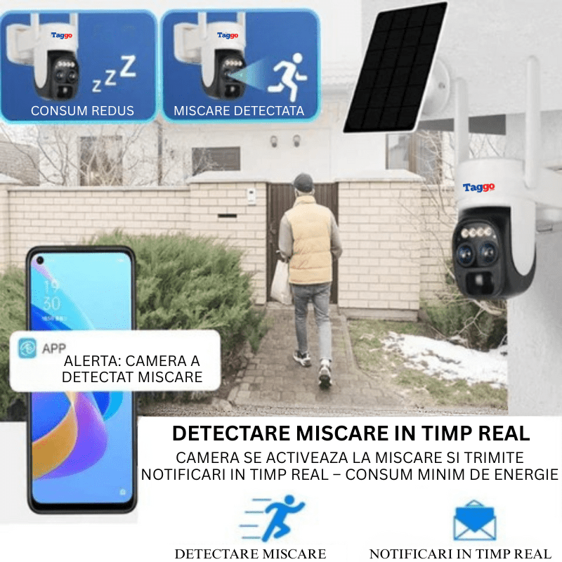 Camera Supraveghere Exterior 4G 4K Ultra HD, Dual Camera 4MP+4MP, 10X Optical ZOOM, Incarcare Solara, Rotire Din Aplicatie, Rezistenta La Apa IP 66 - Taggo.ro
