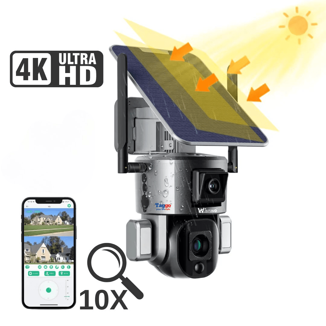 Camera Supraveghere Exterior Wireless 4K Ultra HD, Dual Camera 4MP+4MP, 10X Optical ZOOM, Incarcare Solara, Rotire Din Aplicatie, Rezistenta La Apa IP 66 - Taggo.ro