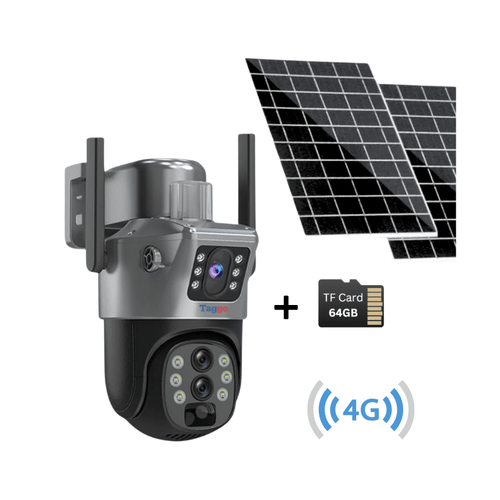 Camera supraveghere Gri 4G 4K ULTRA HD, 8MP, ZOOM 10X, 2 x Panou solar 10W, Rezistenta la apa IP66 + Card 64GB