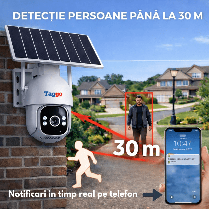 Camera Supraveghere Solara PTZ cu 4G/ eSIM, AOV, Viziune Full Color cu Night Vision si Detectie Miscare, 5MP - Taggo.ro