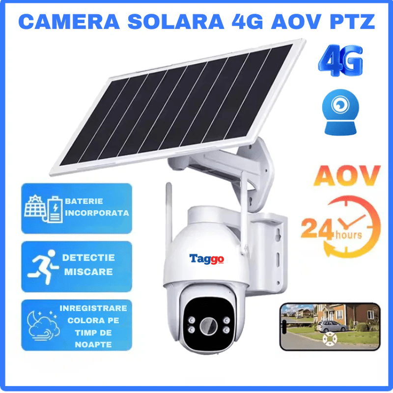 Camera Supraveghere Solara PTZ cu 4G/ eSIM, AOV, Viziune Full Color cu Night Vision si Detectie Miscare, 5MP - Taggo.ro