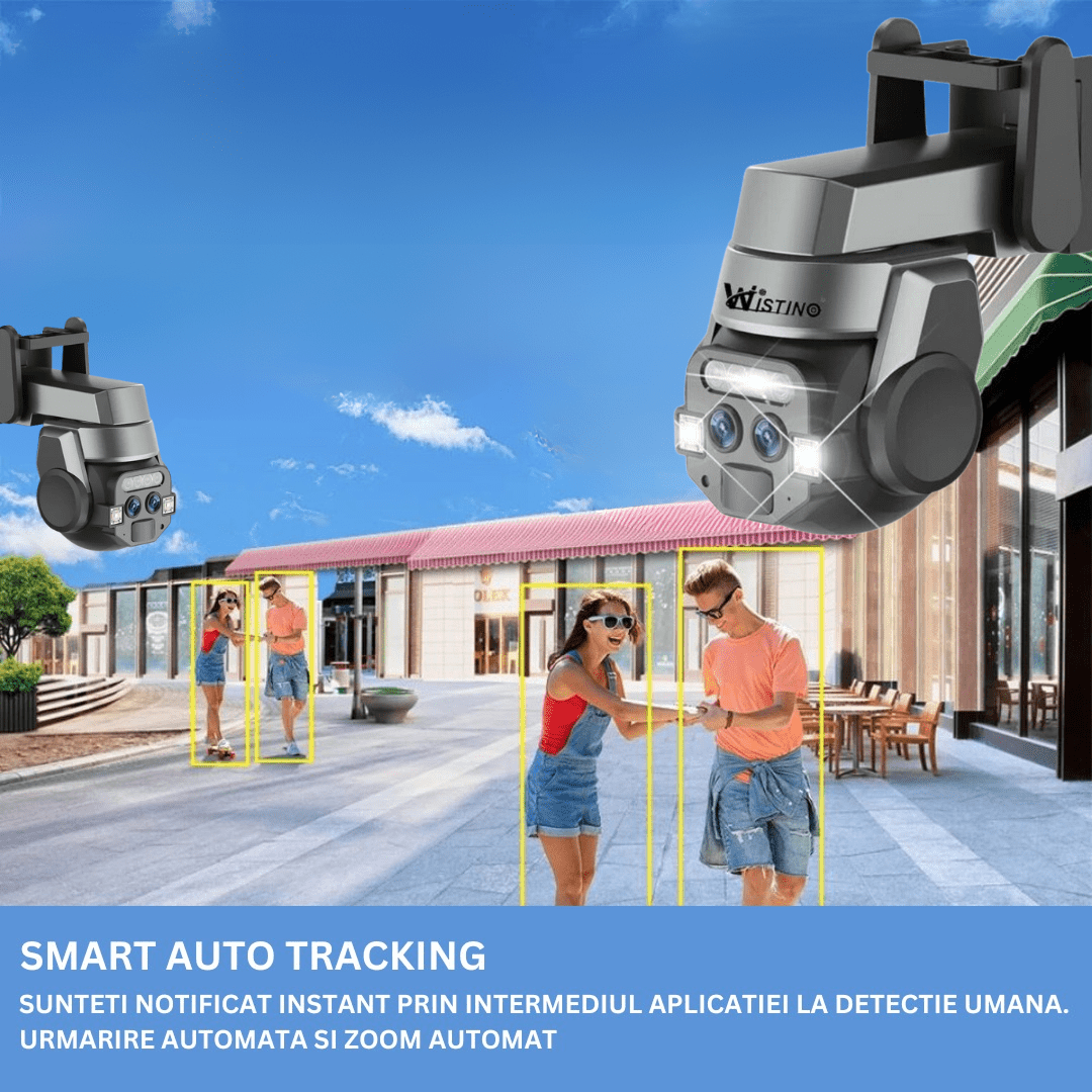 Camera Supraveghere WIFI, 4K, 3MP+3MP, Urmarire automata, 10X ZOOM Automat, Rezistenta La Apa IP 66 - Taggo.ro