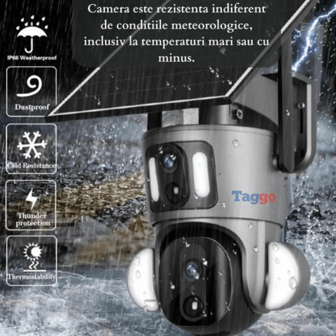 Camera Supraveghere WIFI 4K Ultra HD, Dual Camera 4MP+4MP, Incarcare Solara, Rotire Din Aplicatie, Rezistenta La Apa IP 66 - Taggo.ro