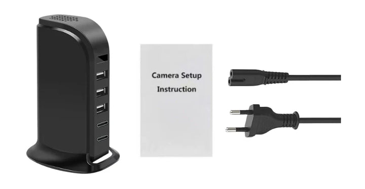 Camera spion in statie de incarcare, Wi-Fi, Full HD, senzor de miscare, 20W, 1x USB-C, 4x USB-A - Taggo.ro