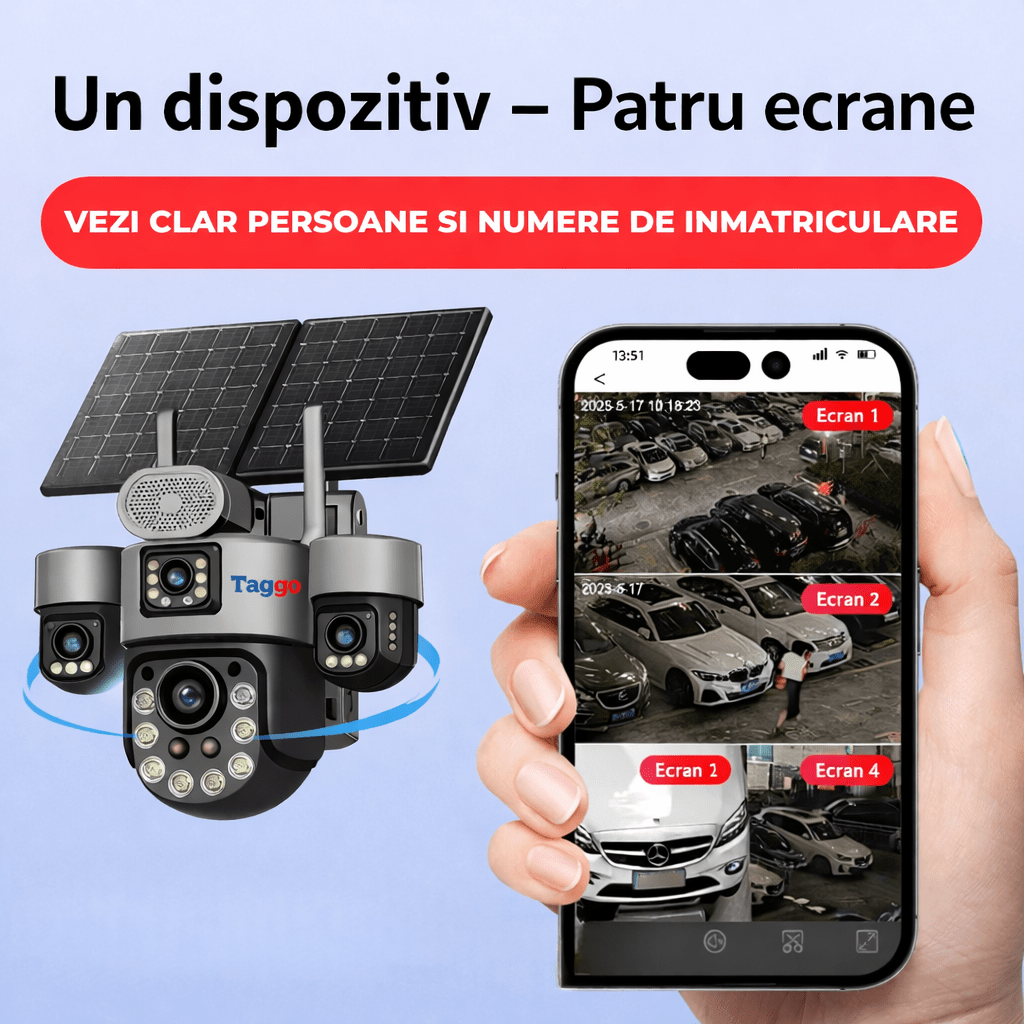 Camere Supraveghere cu Panou Solar Dublu, 4G ZOOM OPTIC 99X, 4 LENTILE, Vedere Nocturna, Inregistarare Continua AOV - Taggo.ro