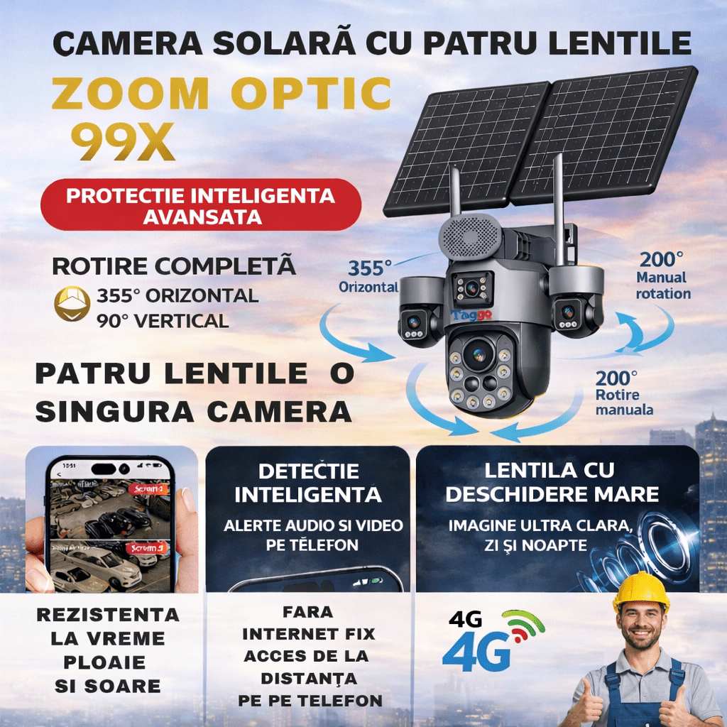Camere Supraveghere cu Panou Solar Dublu, 4G ZOOM OPTIC 99X, 4 LENTILE, Vedere Nocturna, Inregistarare Continua AOV - Taggo.ro
