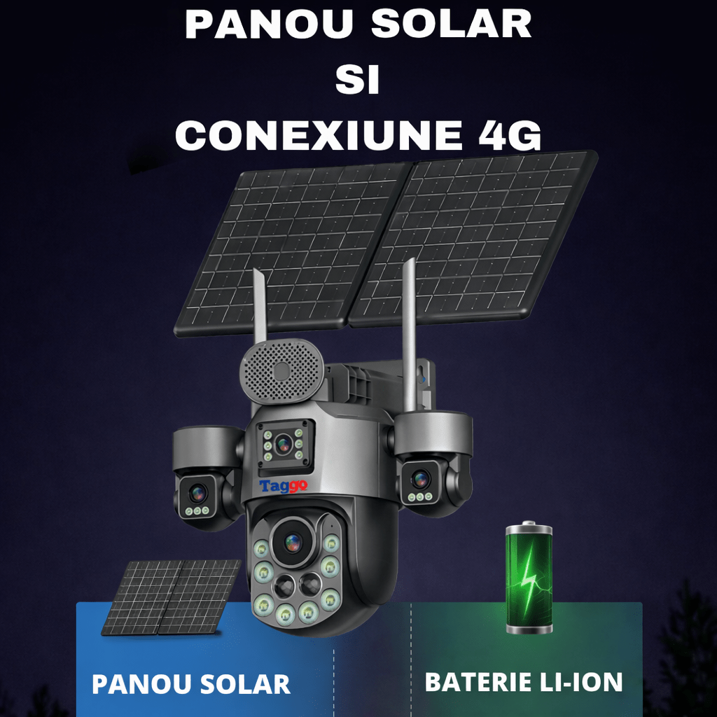 Camere Supraveghere cu Panou Solar Dublu, 4G ZOOM OPTIC 99X, 4 LENTILE, Vedere Nocturna, Inregistarare Continua AOV - Taggo.ro