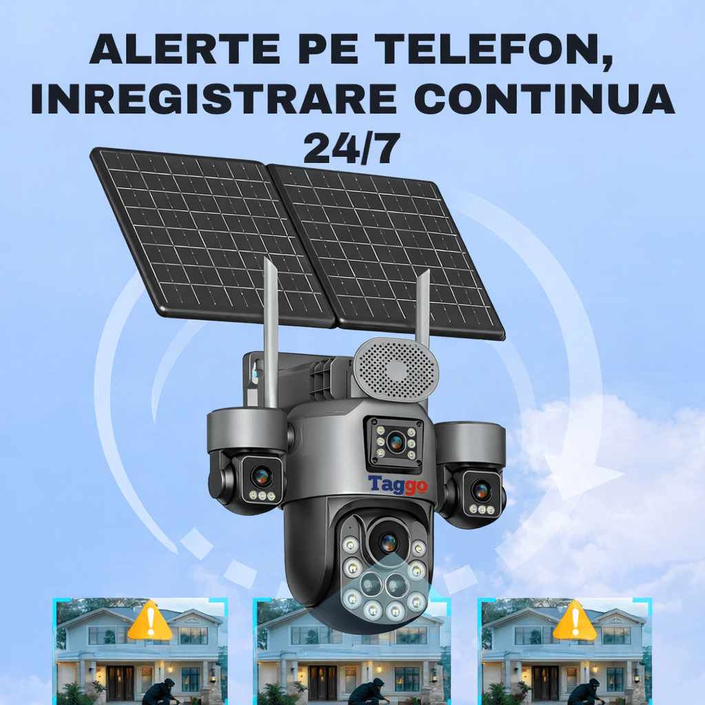 Camere Supraveghere cu Panou Solar Dublu, 4G ZOOM OPTIC 99X, 4 LENTILE, Vedere Nocturna, Inregistarare Continua AOV - Taggo.ro