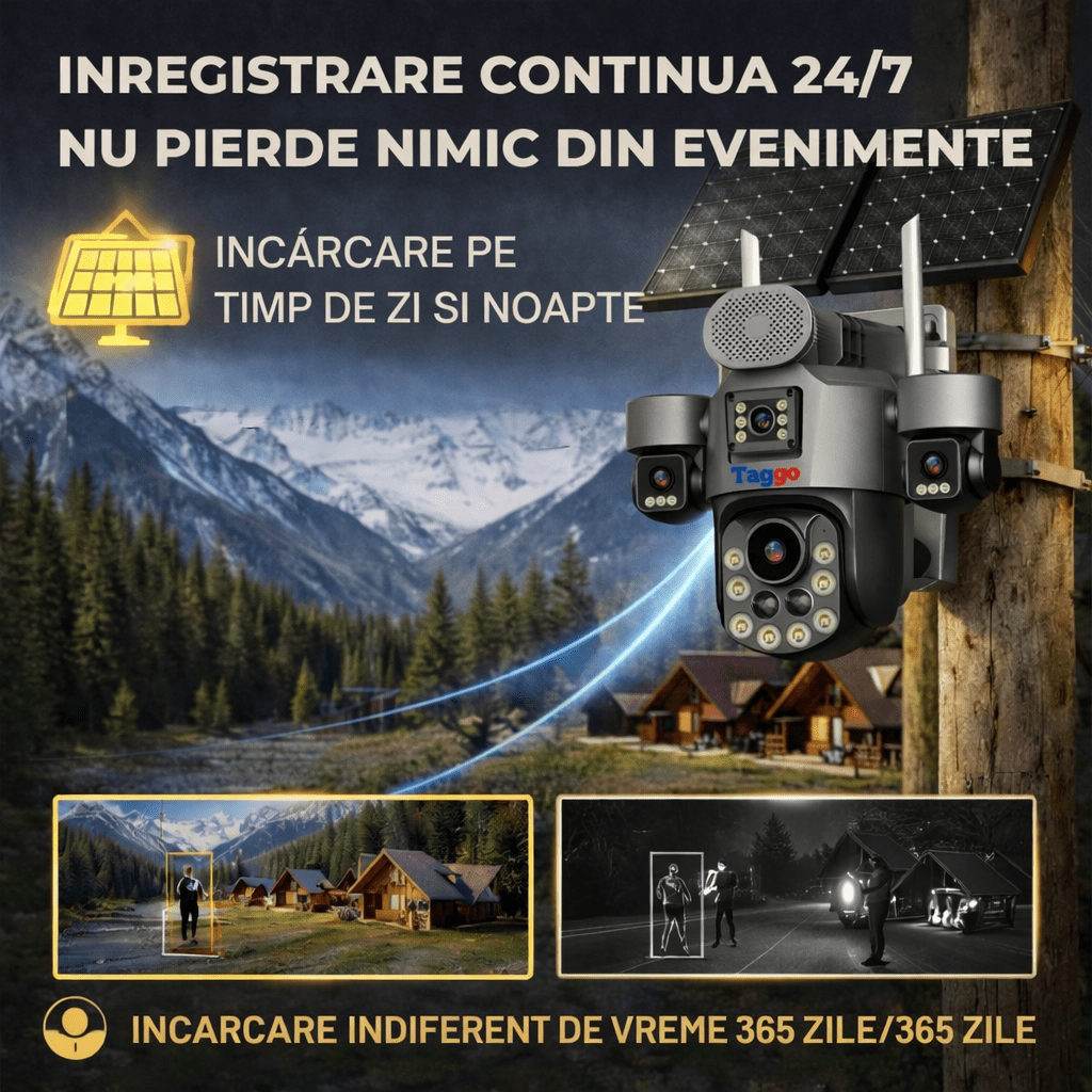 Camere Supraveghere cu Panou Solar Dublu, 4G ZOOM OPTIC 99X, 4 LENTILE, Vedere Nocturna, Inregistarare Continua AOV - Taggo.ro