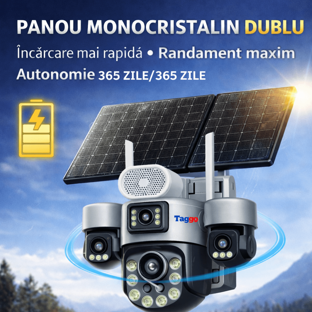 Camere Supraveghere cu Panou Solar Dublu, 4G ZOOM OPTIC 99X, 4 LENTILE, Vedere Nocturna, Inregistarare Continua AOV - Taggo.ro