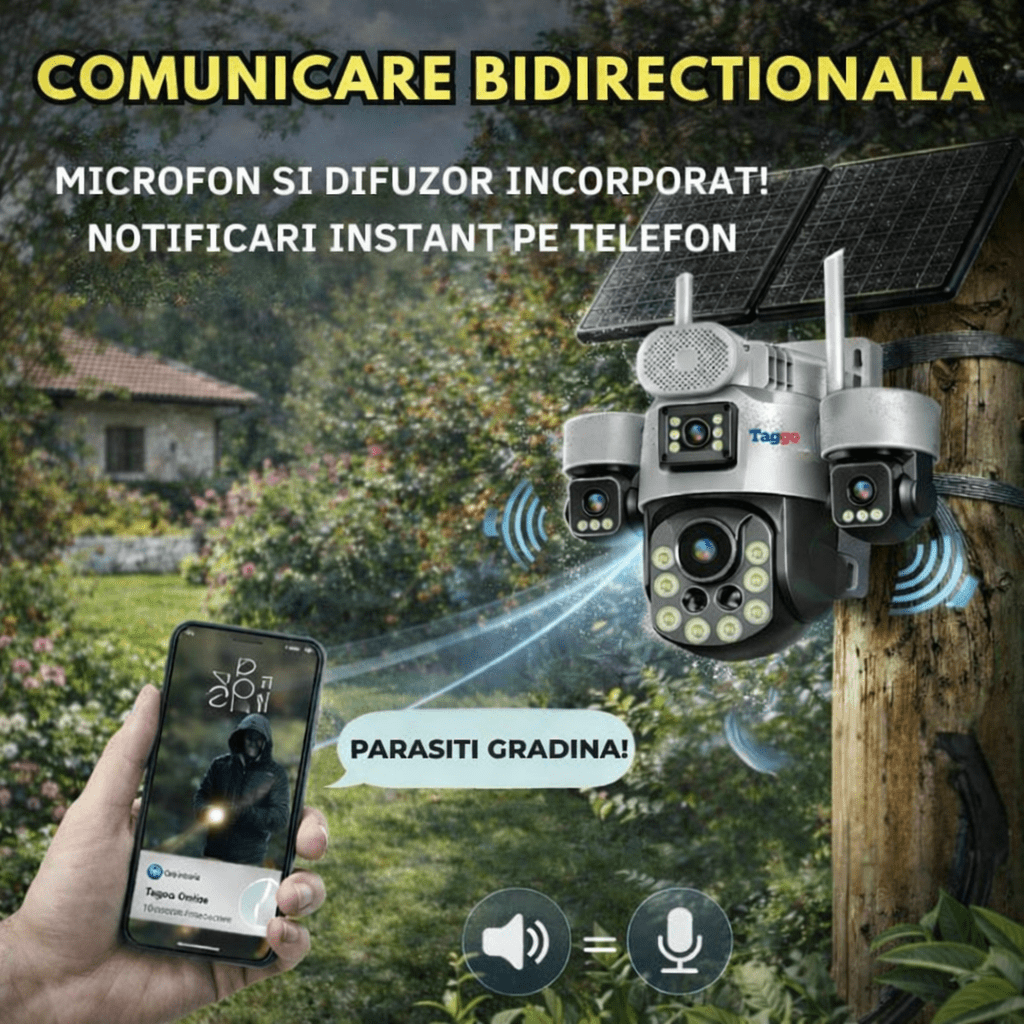 Camere Supraveghere cu Panou Solar Dublu, 4G ZOOM OPTIC 99X, 4 LENTILE, Vedere Nocturna, Inregistarare Continua AOV - Taggo.ro