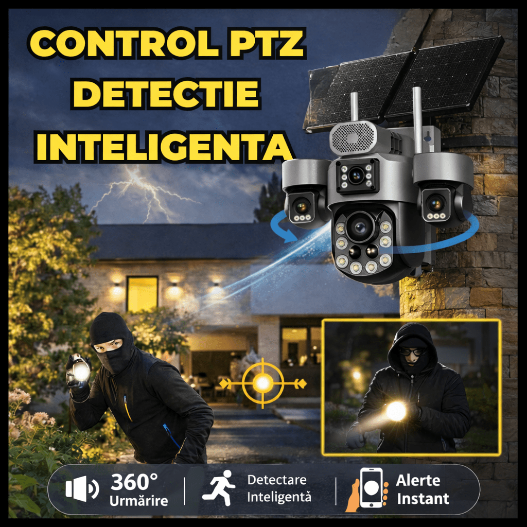 Camere Supraveghere cu Panou Solar Dublu, 4G ZOOM OPTIC 99X, 4 LENTILE, Vedere Nocturna, Inregistarare Continua AOV - Taggo.ro