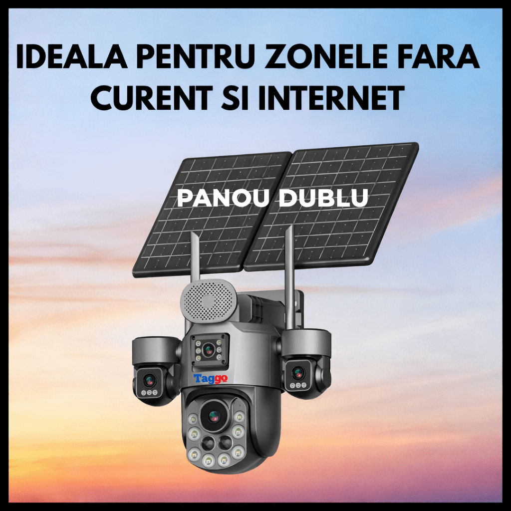 Camere Supraveghere cu Panou Solar Dublu, 4G ZOOM OPTIC 99X, 4 LENTILE, Vedere Nocturna, Inregistarare Continua AOV - Taggo.ro