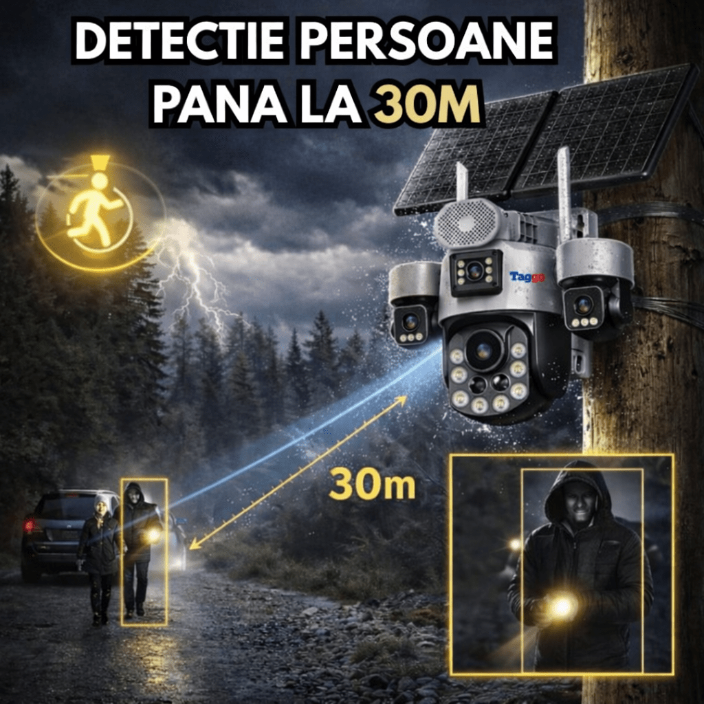 Camere Supraveghere cu Panou Solar Dublu, 4G ZOOM OPTIC 99X, 4 LENTILE, Vedere Nocturna, Inregistarare Continua AOV - Taggo.ro
