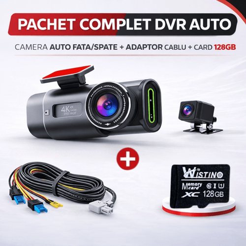 Camera Auto Fata 4K + Spate 1080P + Cablu Adaptor conexiune 24/7 + Card Memorie 128GB