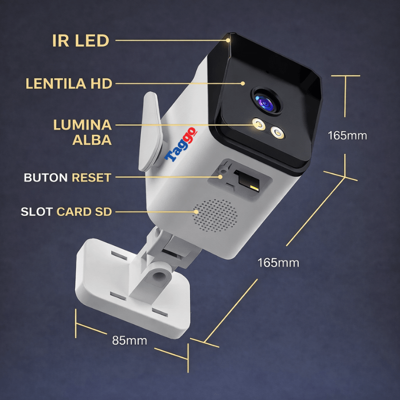 Camera de supraveghere WiFi 3MP Taggo.ro cu vedere nocturnă full color, comunicare bidirecțională și rezistență IP66.