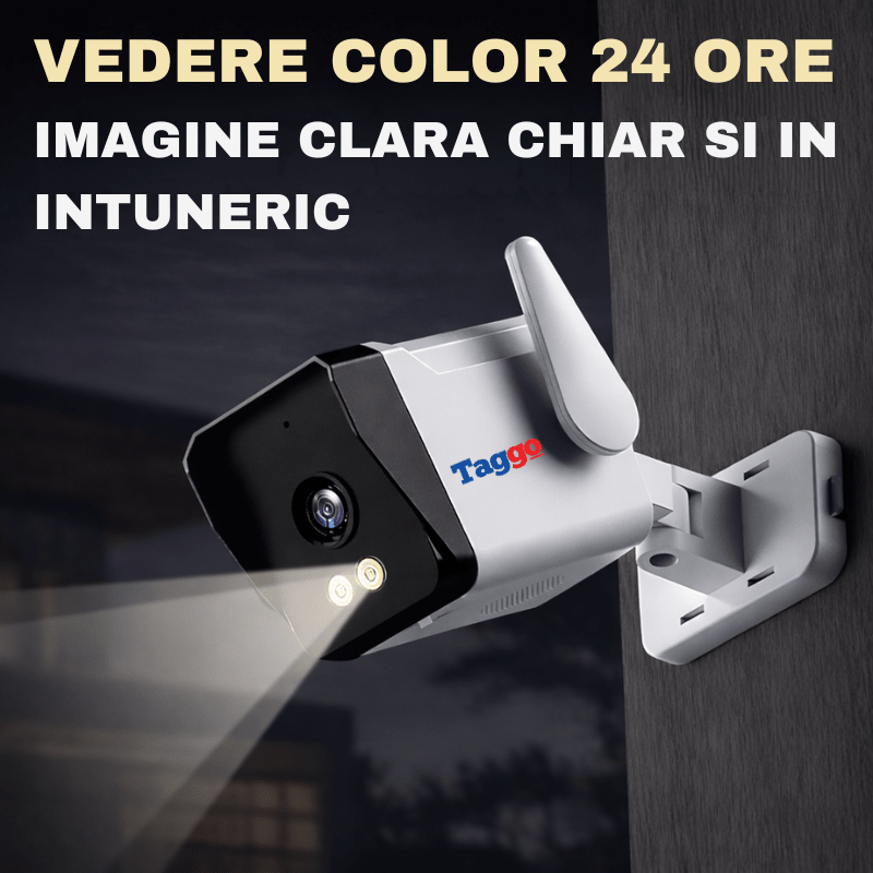 Camera de supraveghere WIFI 3MP Taggo.ro cu vizionare nocturnă color, comunicare bidirecțională și protecție IP66.