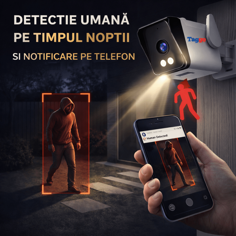 Camera supraveghere WIFI 3MP Taggo.ro cu vedere pe timp de noapte color, comunicare bidirecțională și rezistență IP66.