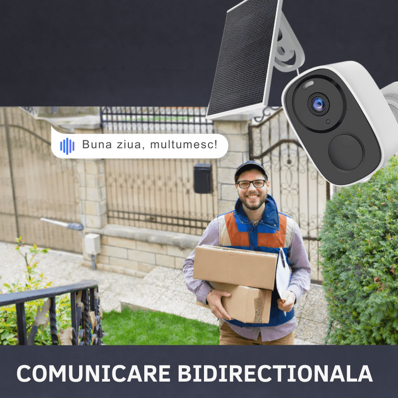 Camera de supraveghere Taggo cu panou solar, 3MP, WiFi, IR, IP66, fixă, control prin aplicație, pentru exterior.