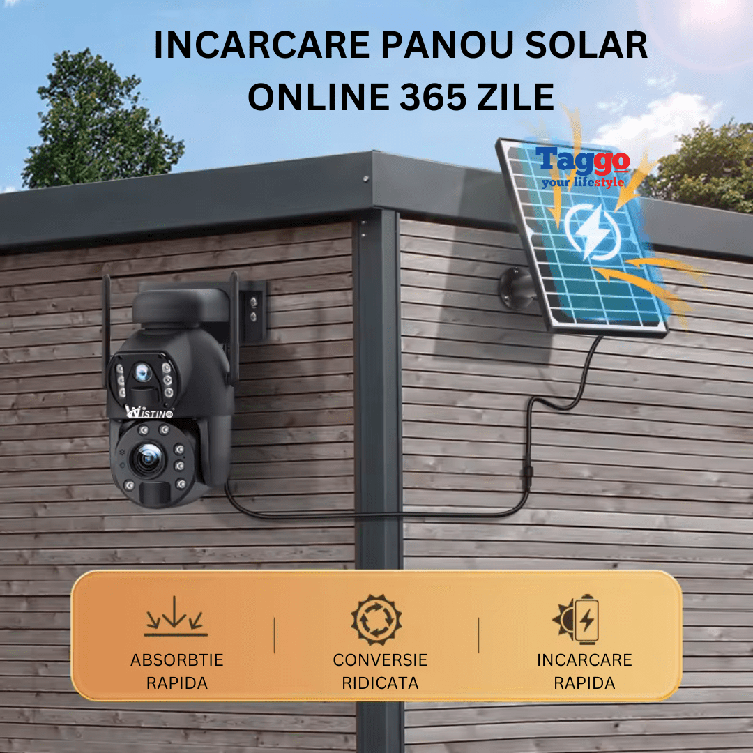 Camera supraveghere 4G Taggo.ro, 3K Ultra HD, zoom 50X, duală, încărcare solară, rotire din aplicație, rezistentă la apă IP66.