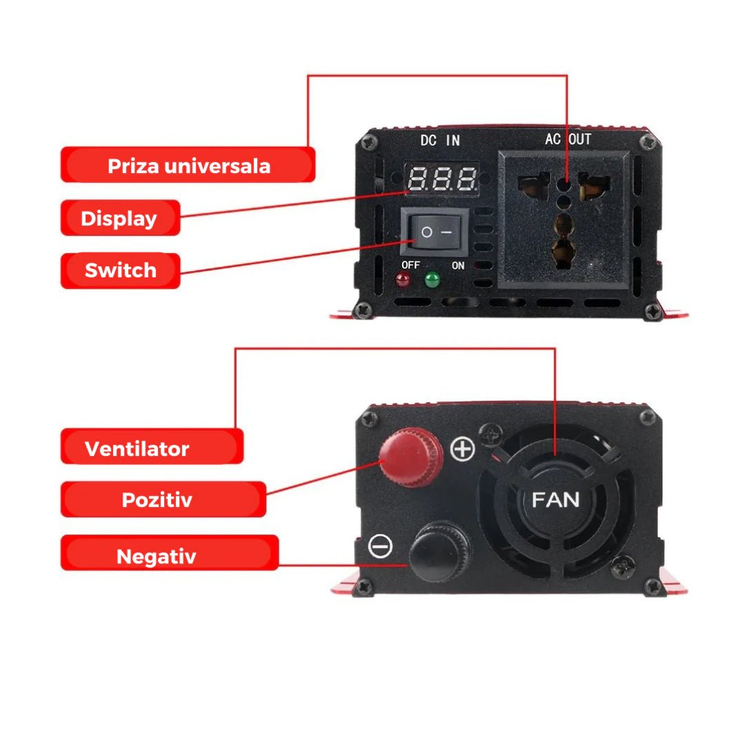 Invertor 1000W 12V – 220 V auto si panouri solare SINUS PUR, unda pura rulota, casa, cabana - Taggo.ro