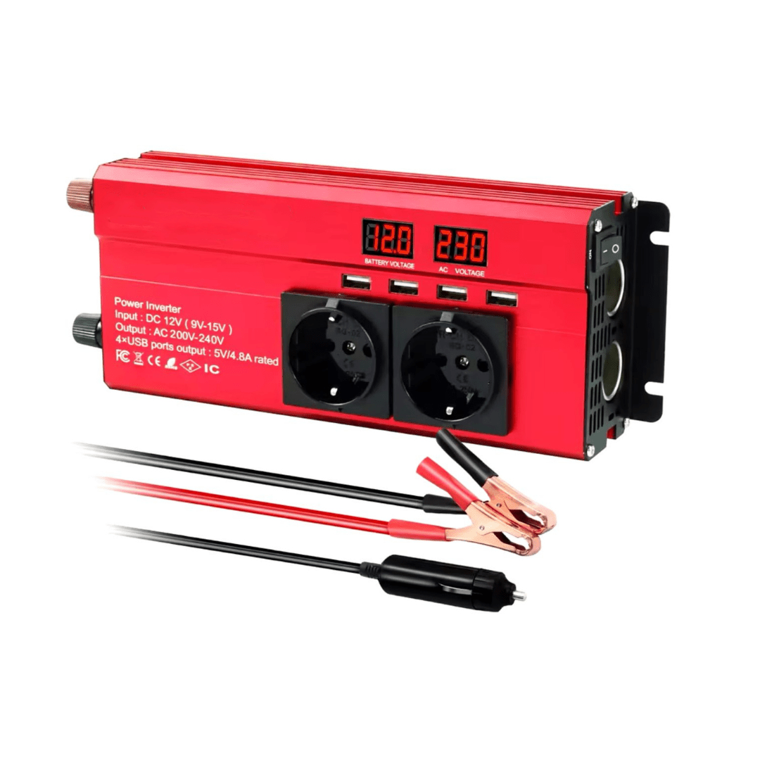 Invertor 12v 220v 1600w cu Display, 3 Iesiri AC Protectie Scurtcircuit 4 USB, Adaptor Auto Inclus - Taggo.ro