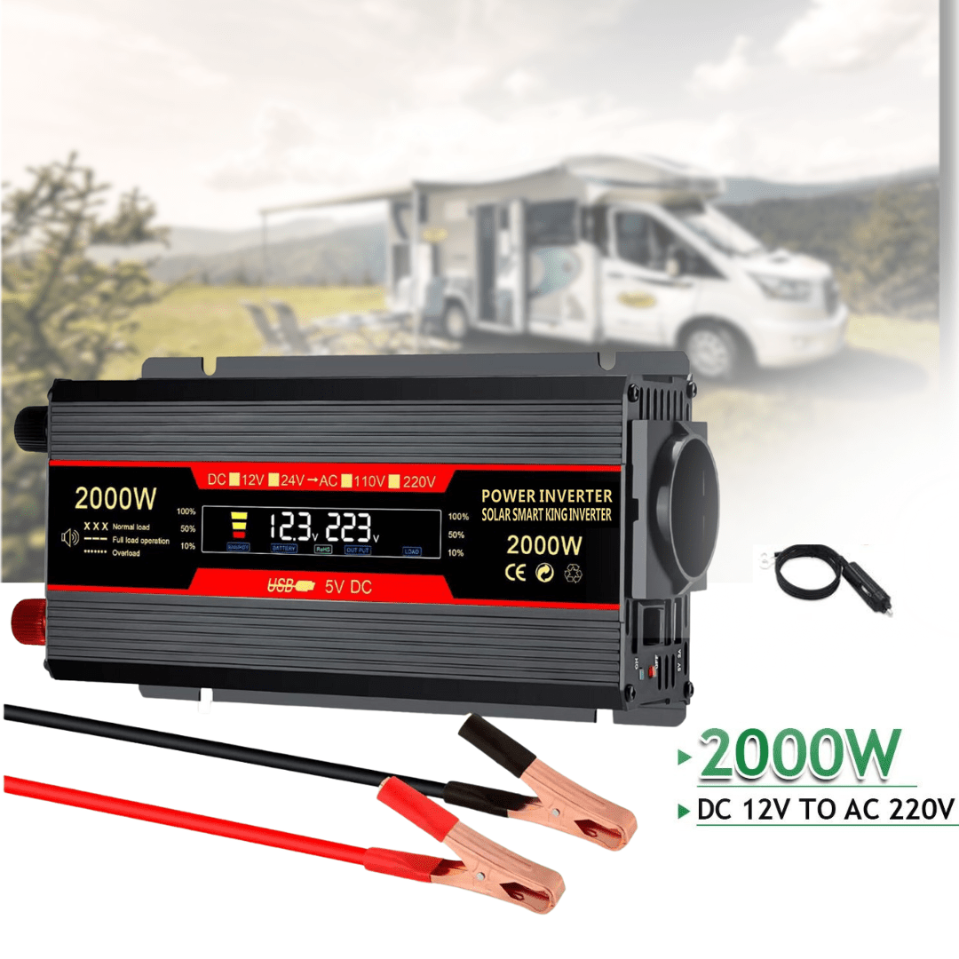 Invertor 12v 220v 2000w Unda Modificata cu Display, 1 Iesire AC Protectie Scurtcircuit 2 USB, Adaptor Auto Inclus - Taggo.ro