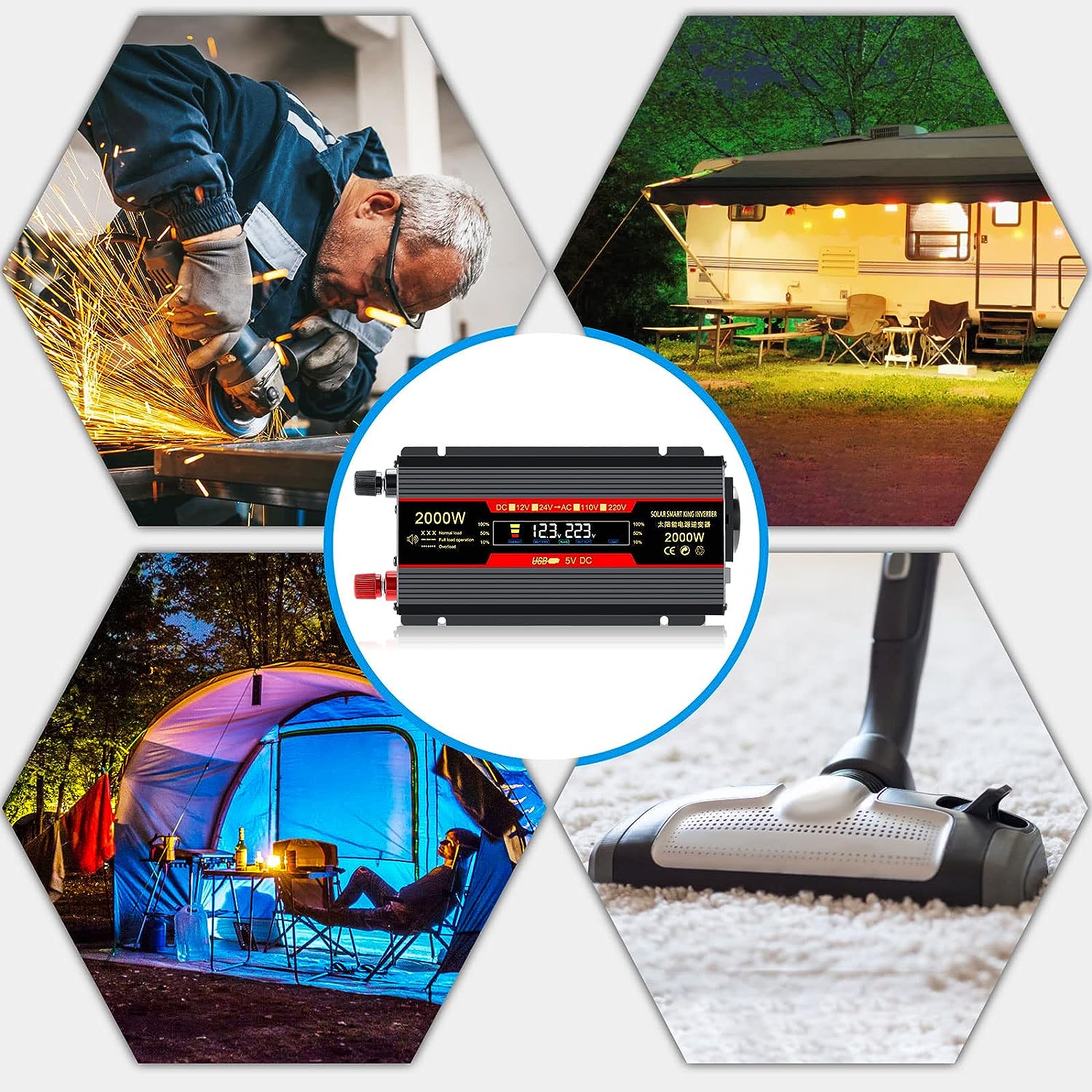 Invertor 12v 220v 2000w Unda Modificata cu Display, 1 Iesire AC Protectie Scurtcircuit 2 USB, Adaptor Auto Inclus - Taggo.ro