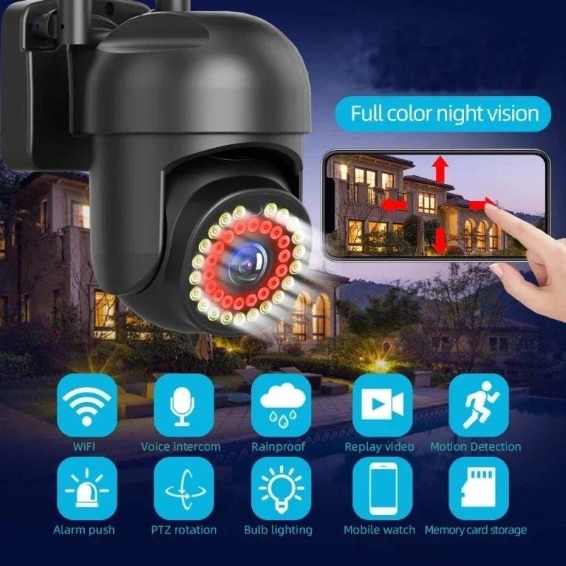 Camera de supraveghere Taggo neagră, WiFi, 2MP, control din aplicație, comunicare bidirecțională și IR pentru vedere nocturnă.
