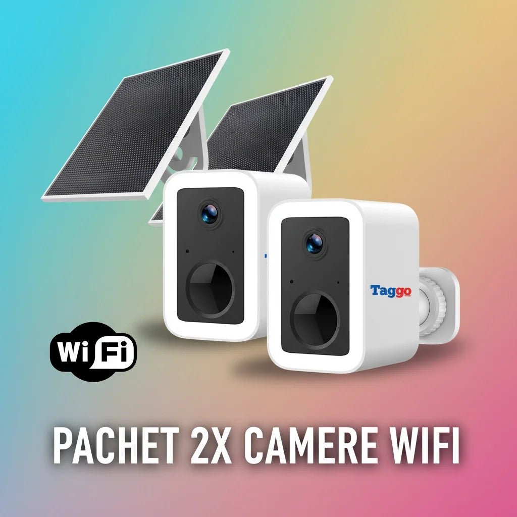 Pachet 2 x Camere Supraveghere Cu Panou Solar, Wifi, Acumulator Incorporat, Detectie Miscare - Taggo.ro