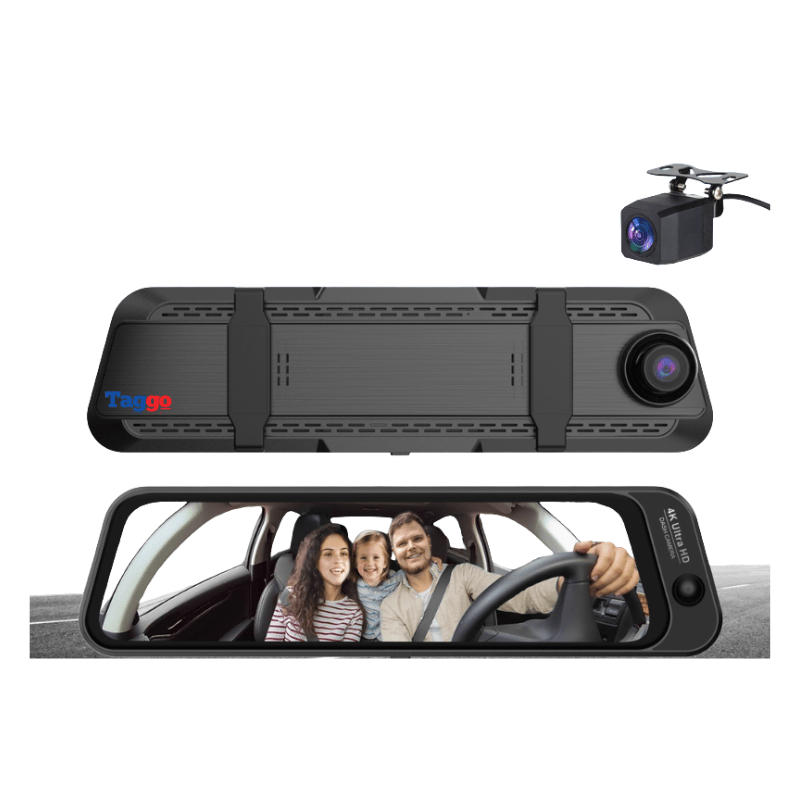 Set de două camere DVR S16 4K de la Taggo.ro cu oglindă retrovizoare, ecran 9.66” și conectivitate WiFi, include camera față și interior