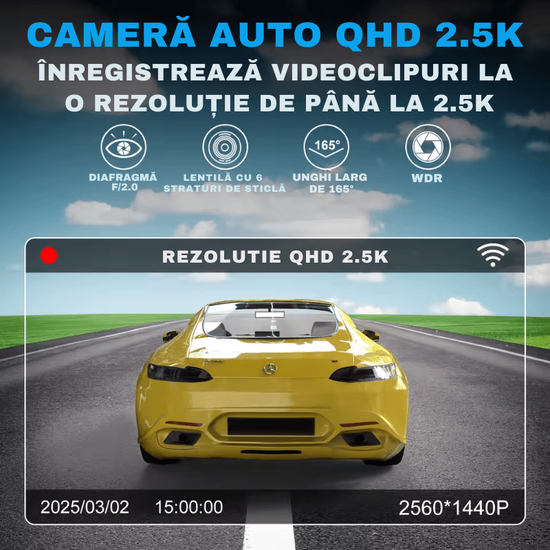 Două camere auto DVR 2K Full HD cu WiFi 2.4GHz și senzor de impact, pentru înregistrare și securitate rutieră.